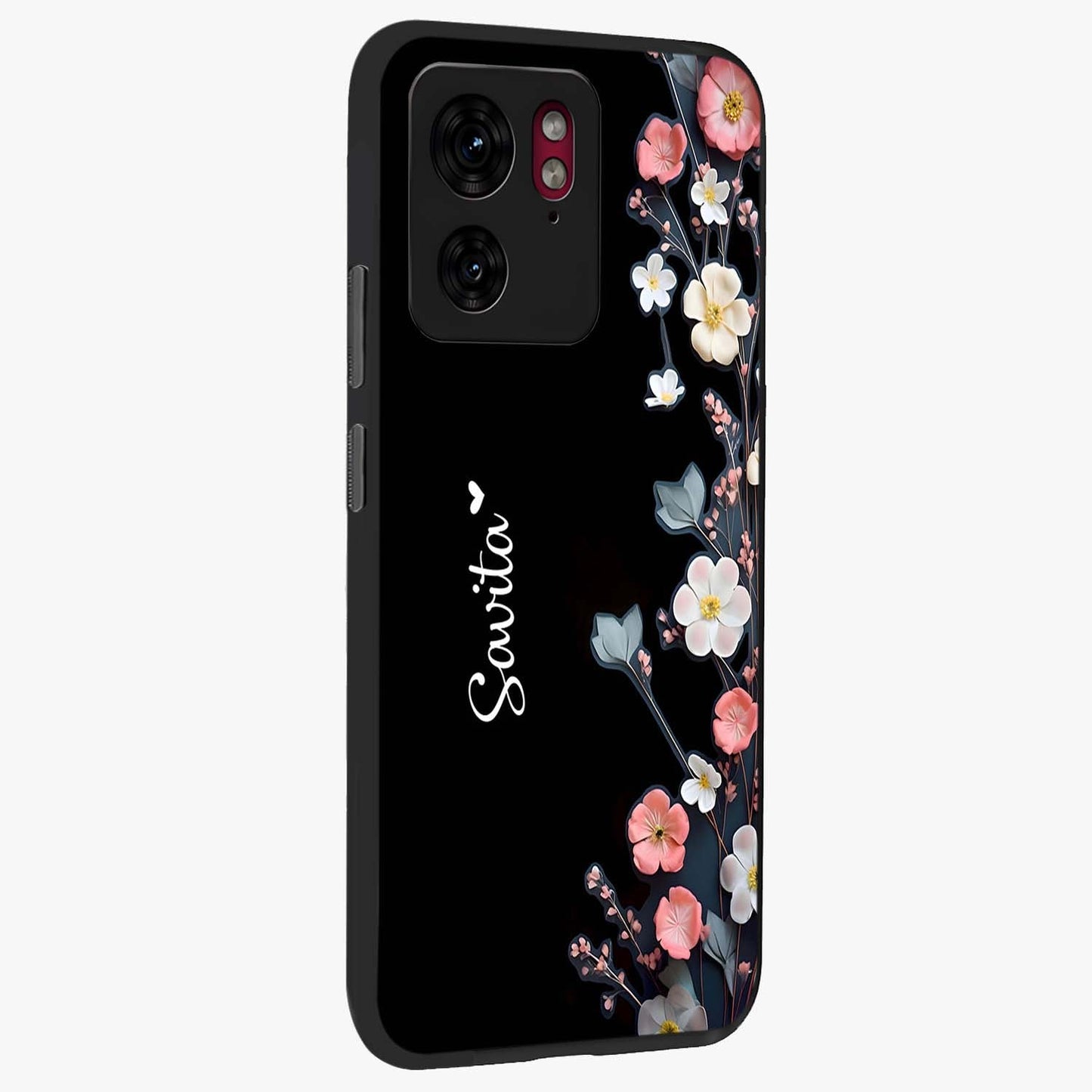 Black Elegance Floral Custom Name Glass Case upright view showcasing luxurious black floral design with personalized name detail.