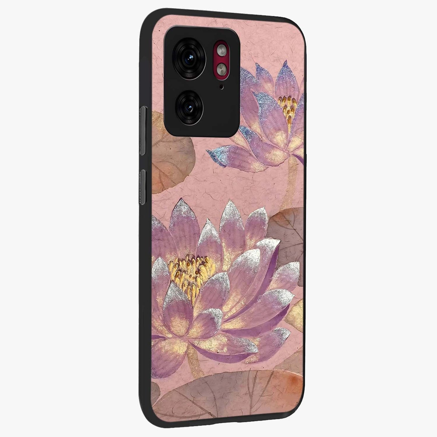 Blossom Mist Lotus Glass Case upright view showcasing graceful lotus flower design with peaceful botanical style.