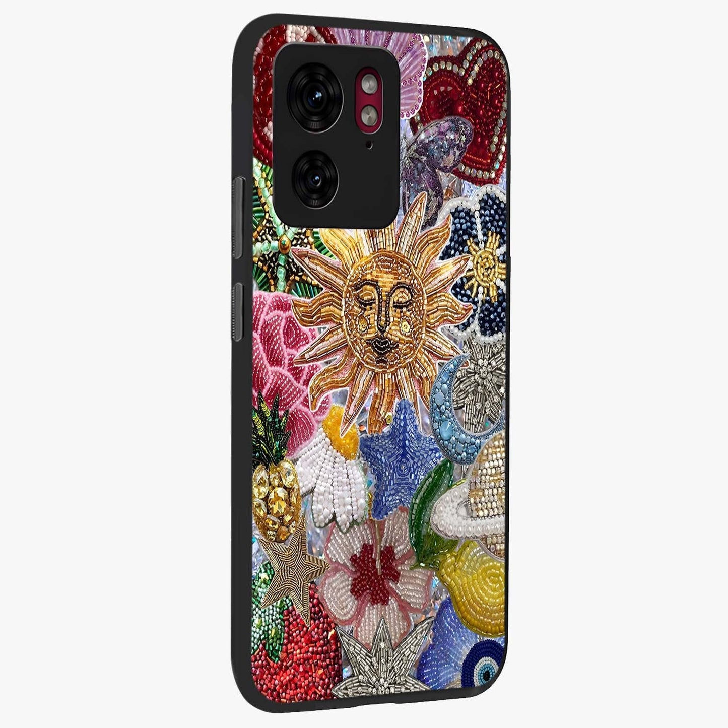 Celestial Floral and Playful Glass Case upright view showcasing whimsical floral artwork with cosmic aesthetic theme.