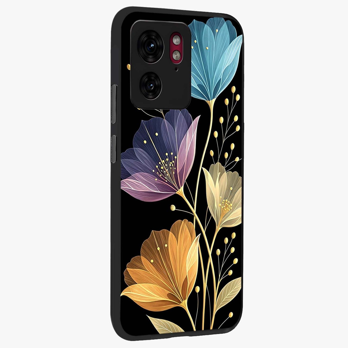 Delicate Multicolor Flowers Glass Case upright view showcasing delicate floral artwork with bright botanical theme.