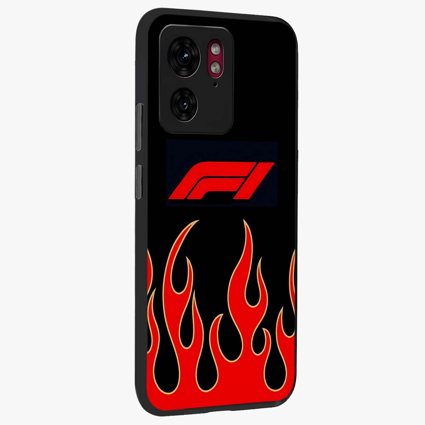Fire F11 Glass Case upright view showcasing dynamic flame artwork with intense visual theme.