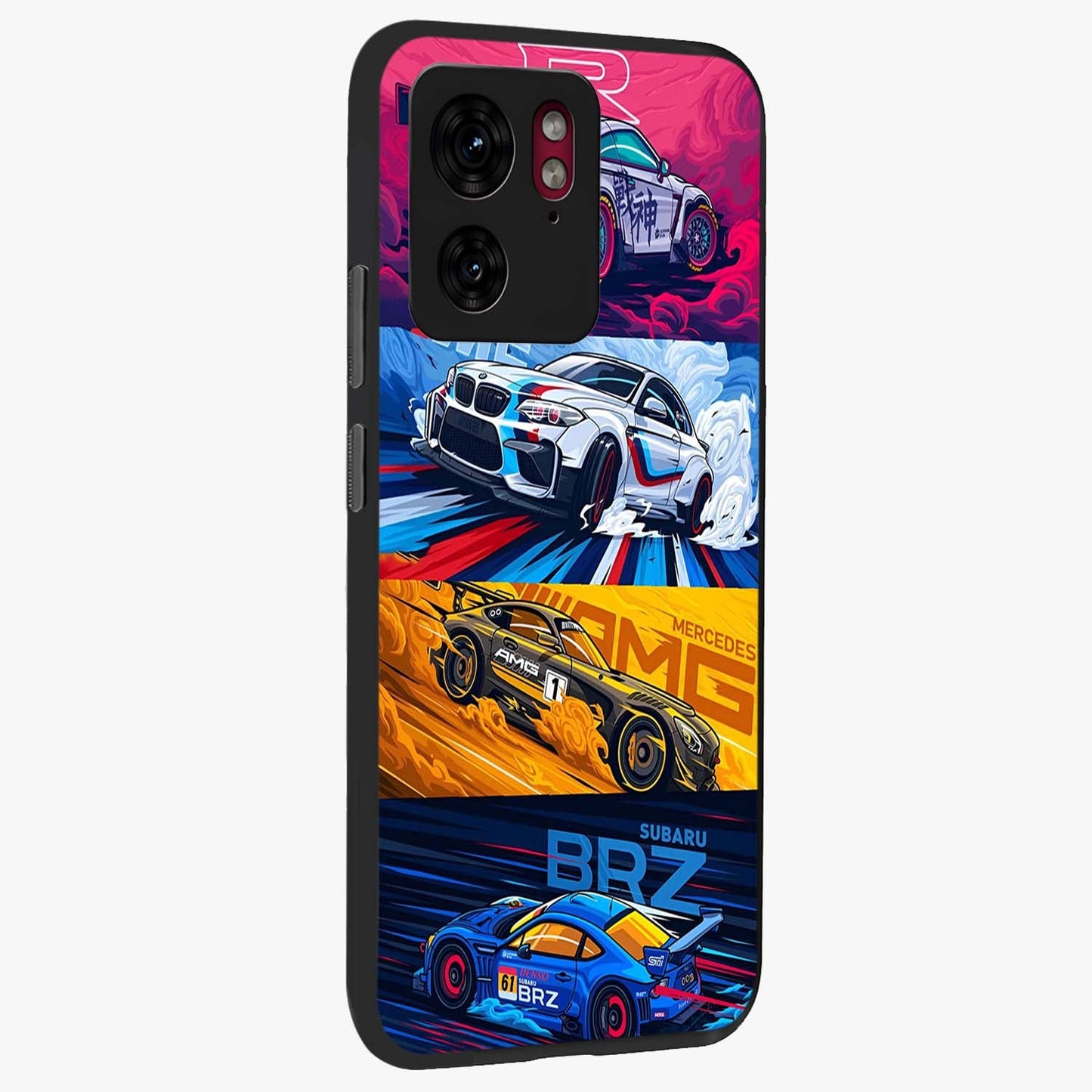 JDM Sports Car Glass Case upright view showcasing dynamic sports car artwork with bold racing theme.