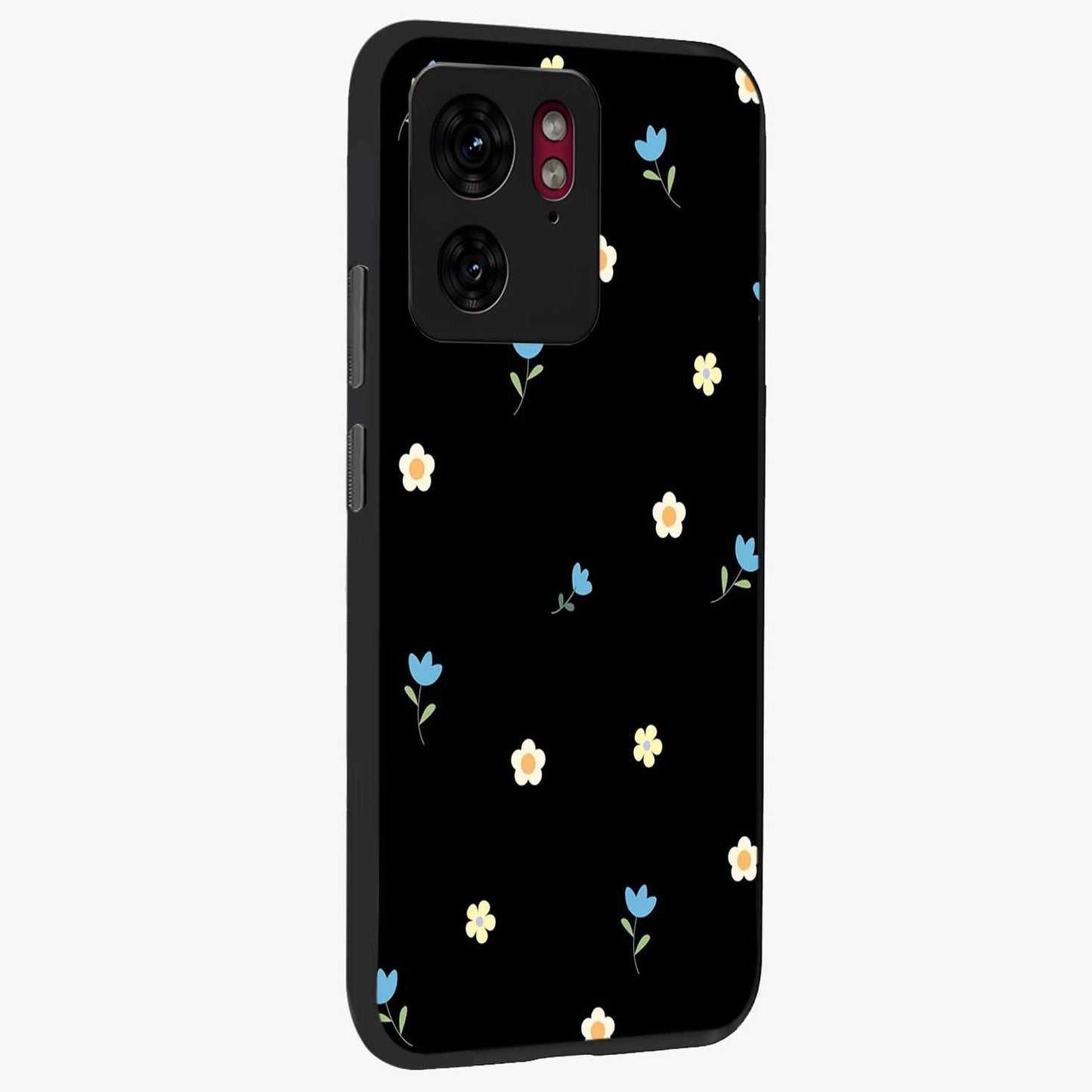 Minimal Petal Whispers Glass Case upright view showcasing elegant floral artwork with modern minimalist style.