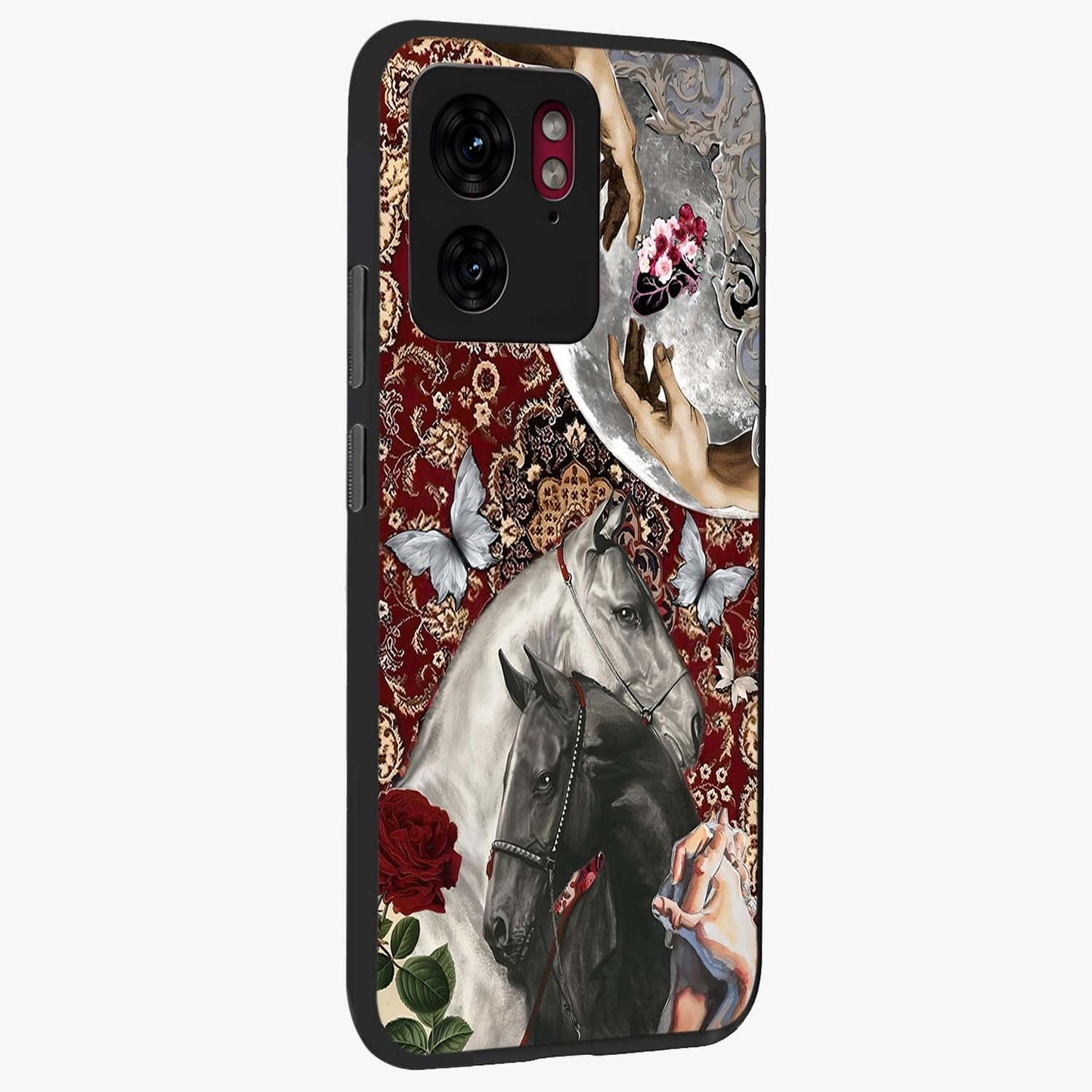 Moonlit Royal Stallion Glass Case upright view showcasing dramatic horse artwork with glowing moon themed design.