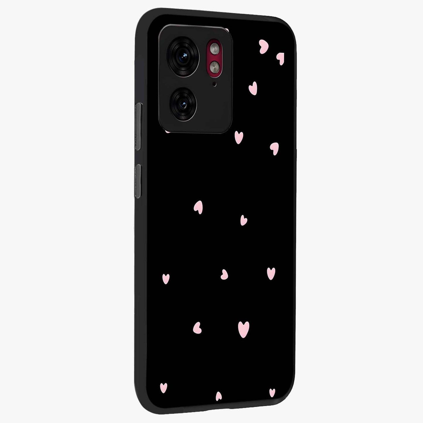 Pink Love Drops Glass Case upright view showcasing charming heart drop artwork with romantic playful theme.