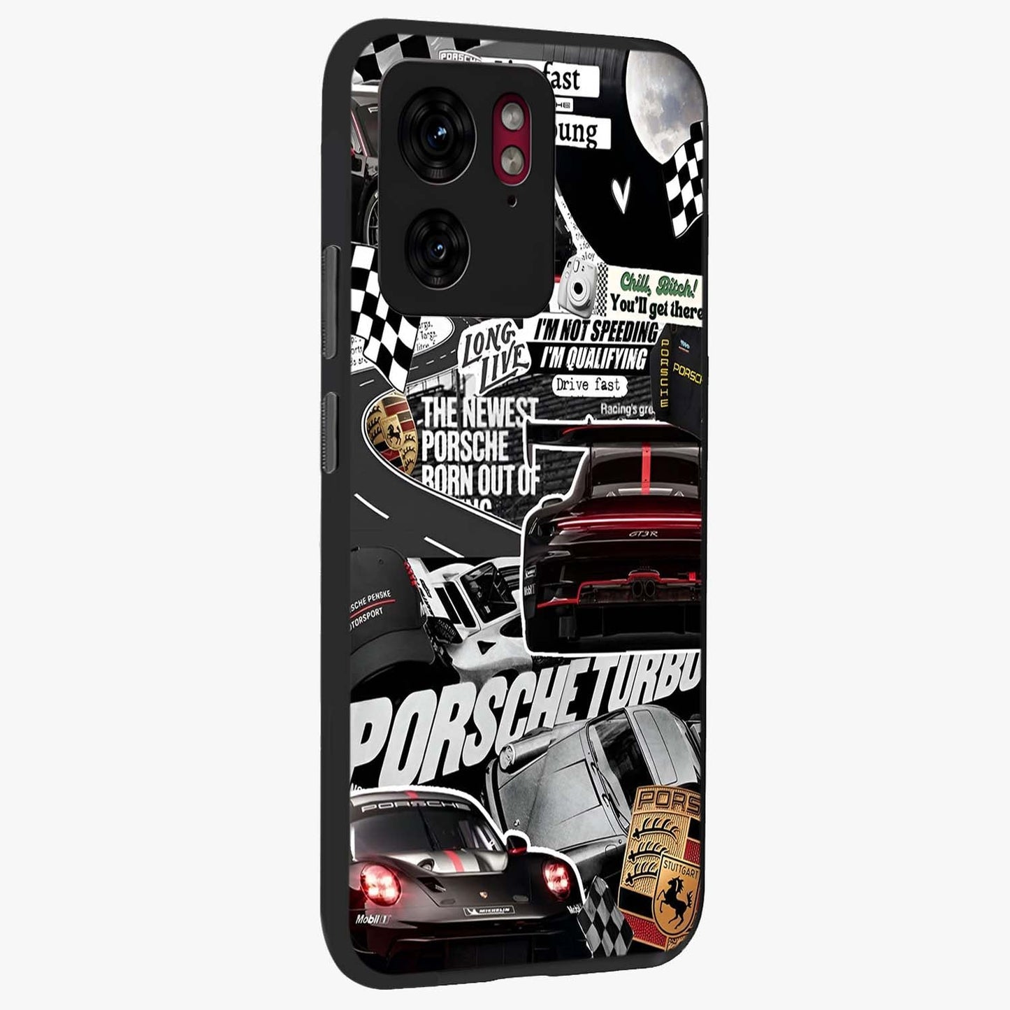 Porsche Racing Collage Glass Case upright view showcasing energetic car collage artwork with high speed racing theme.