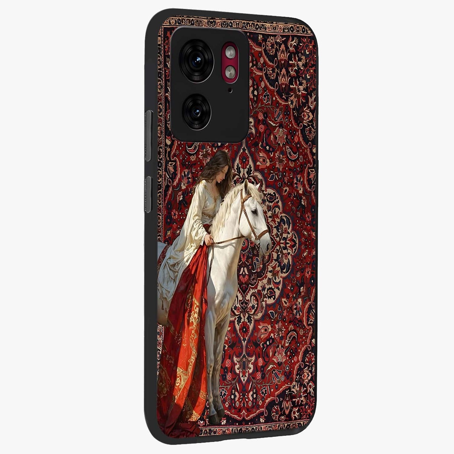 Royal Rider Tapestry Glass Case upright view showcasing detailed rider artwork with classic tapestry theme.