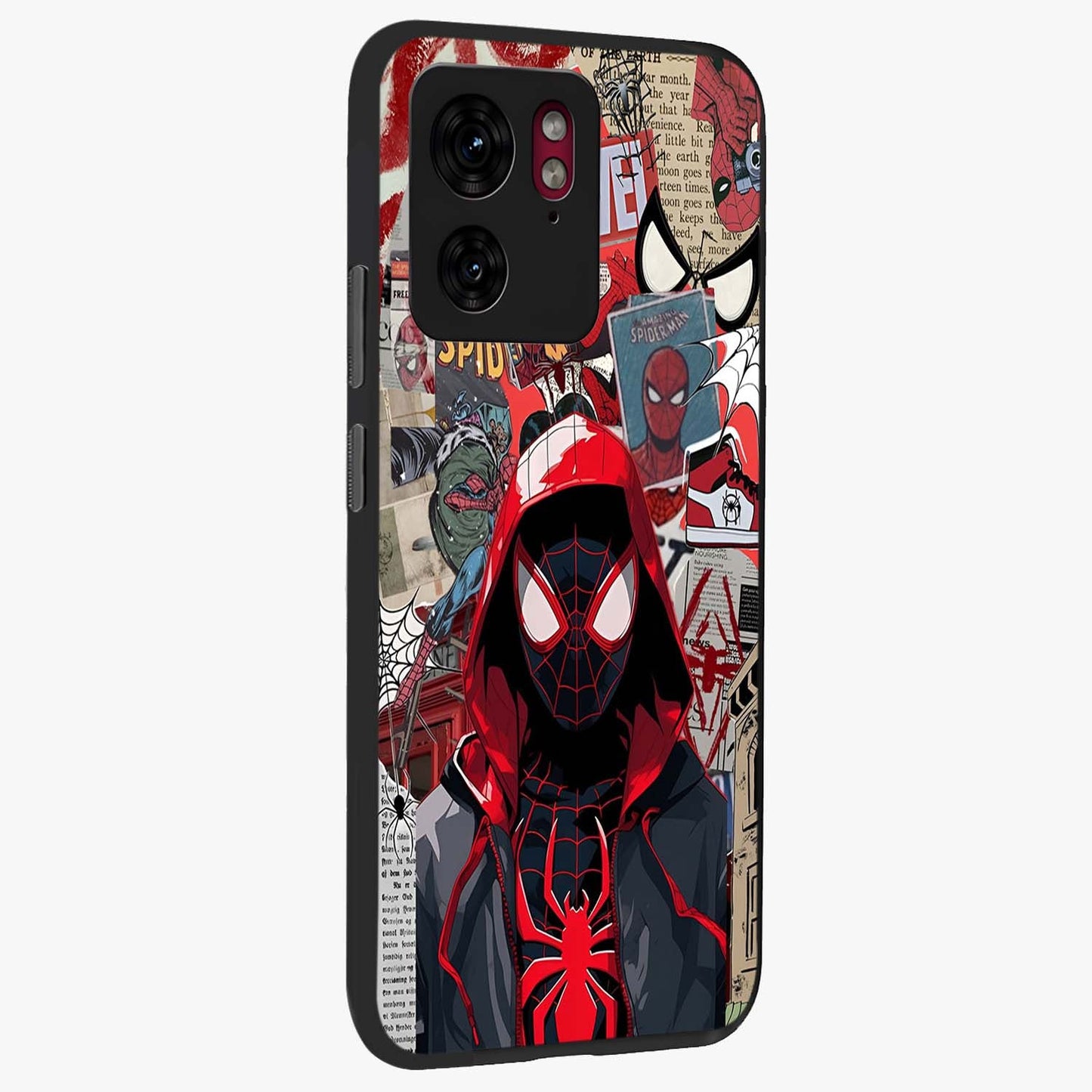 Spider Collage Street Glass Case upright view showcasing bold superhero artwork with urban street theme.
