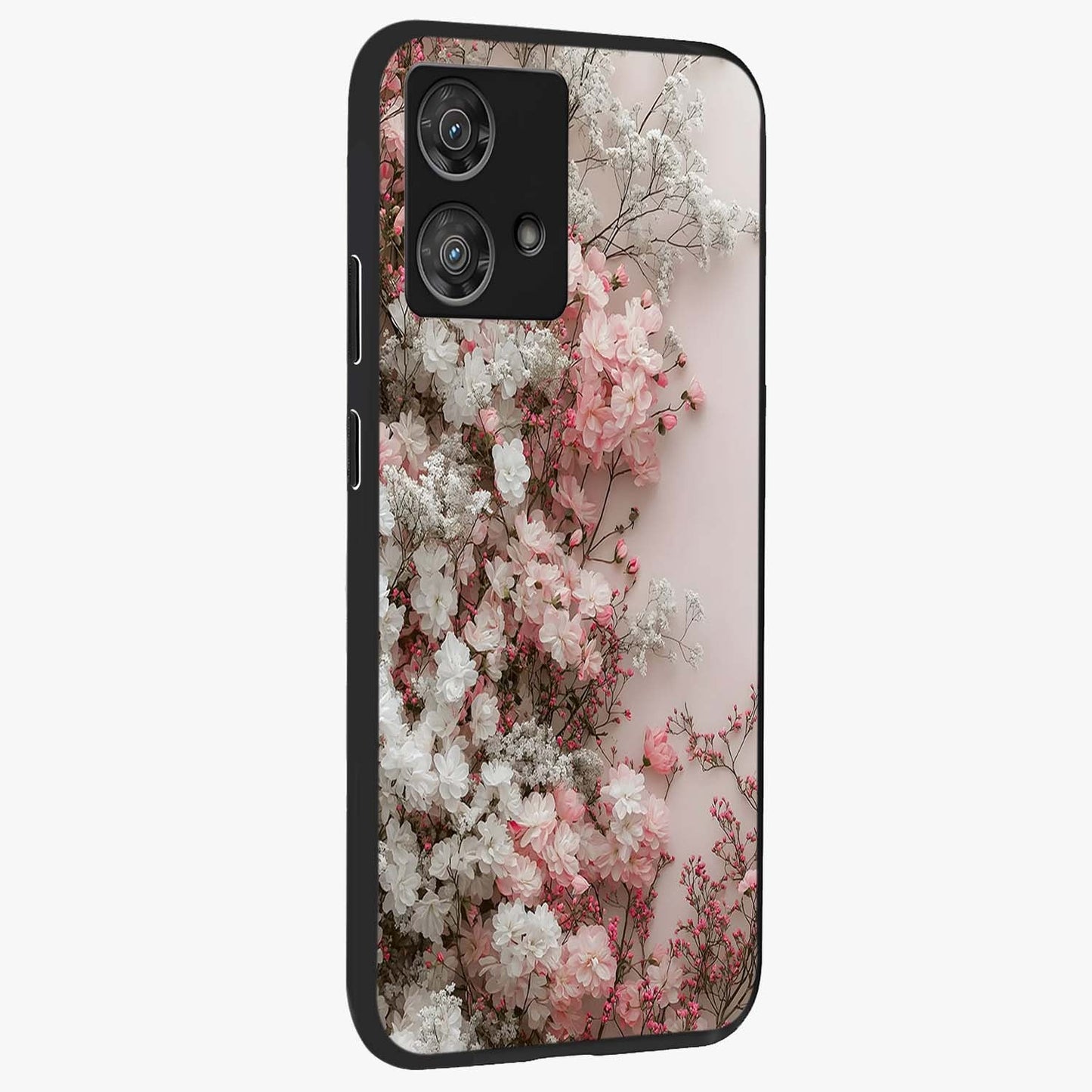 Blush Blossom Cloud Glass Case upright view showcasing calm floral cloud artwork with gentle dreamy theme.