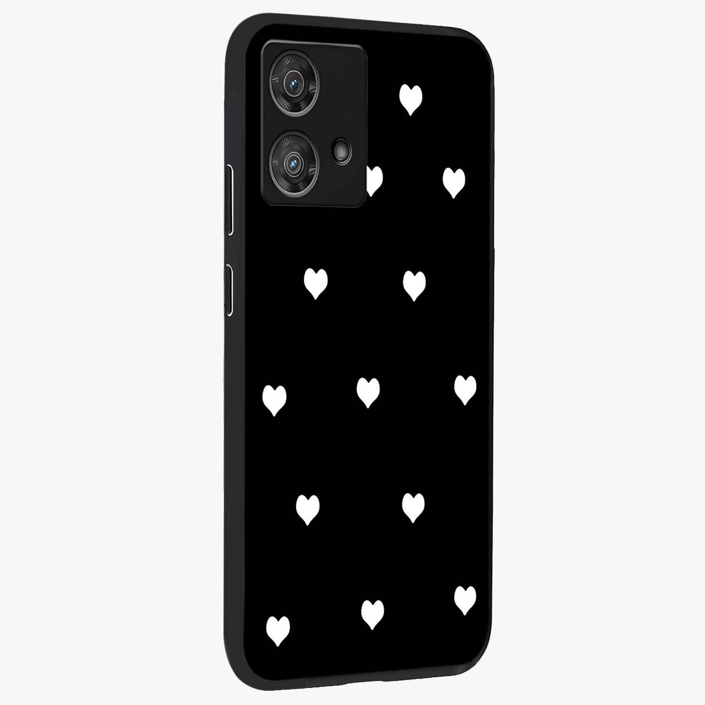 Cute And Simple White Hearts Glass Case upright view showcasing simple white hearts artwork with soft minimal theme.