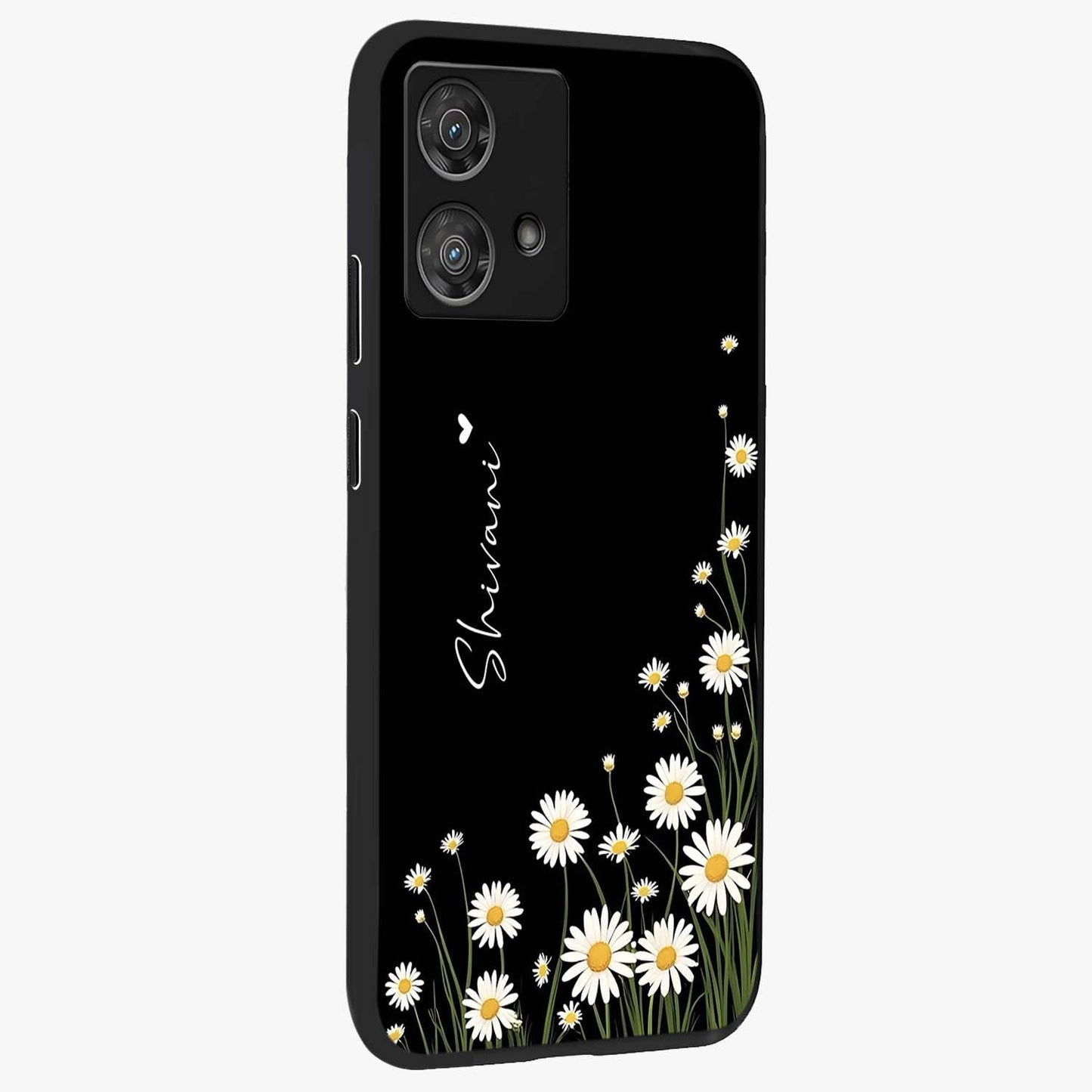 Daisy Cascade Custom Name Glass Case upright view showcasing elegant floral cascade design with personalized aesthetic.