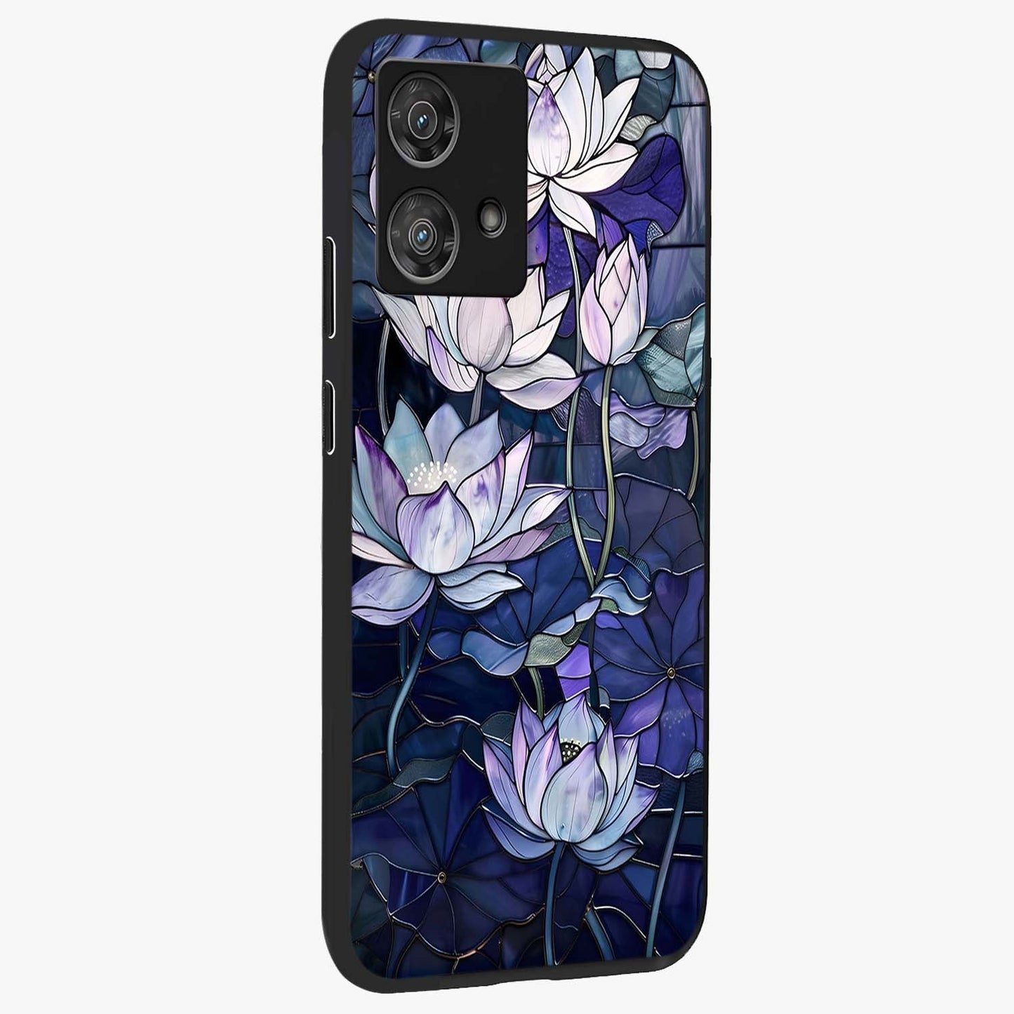 Gloss Petal Rush Glass Case upright view showcasing dynamic floral petal artwork with modern botanical theme.
