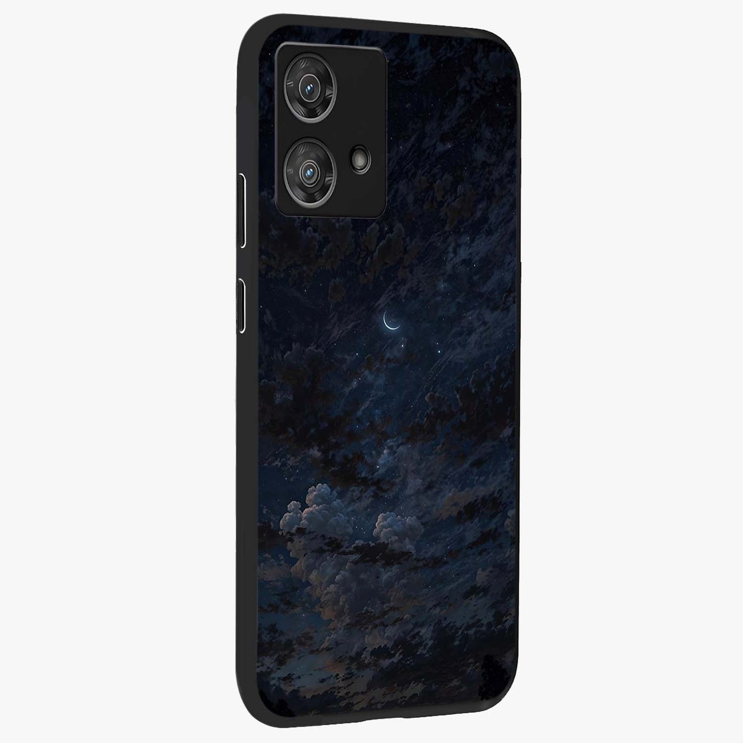Lunar Veil Silence Glass Case upright view showcasing calm moon themed artwork with serene night atmosphere.