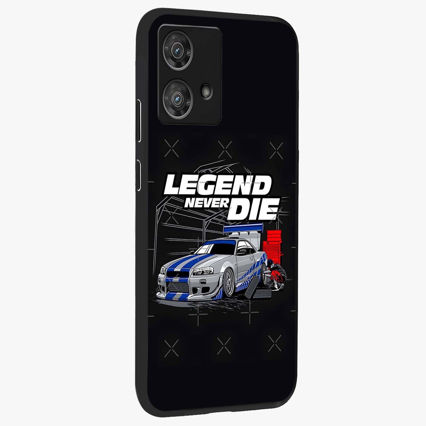 Midnight Racing Legacy Glass Case upright view showcasing powerful racing artwork with modern sports theme.