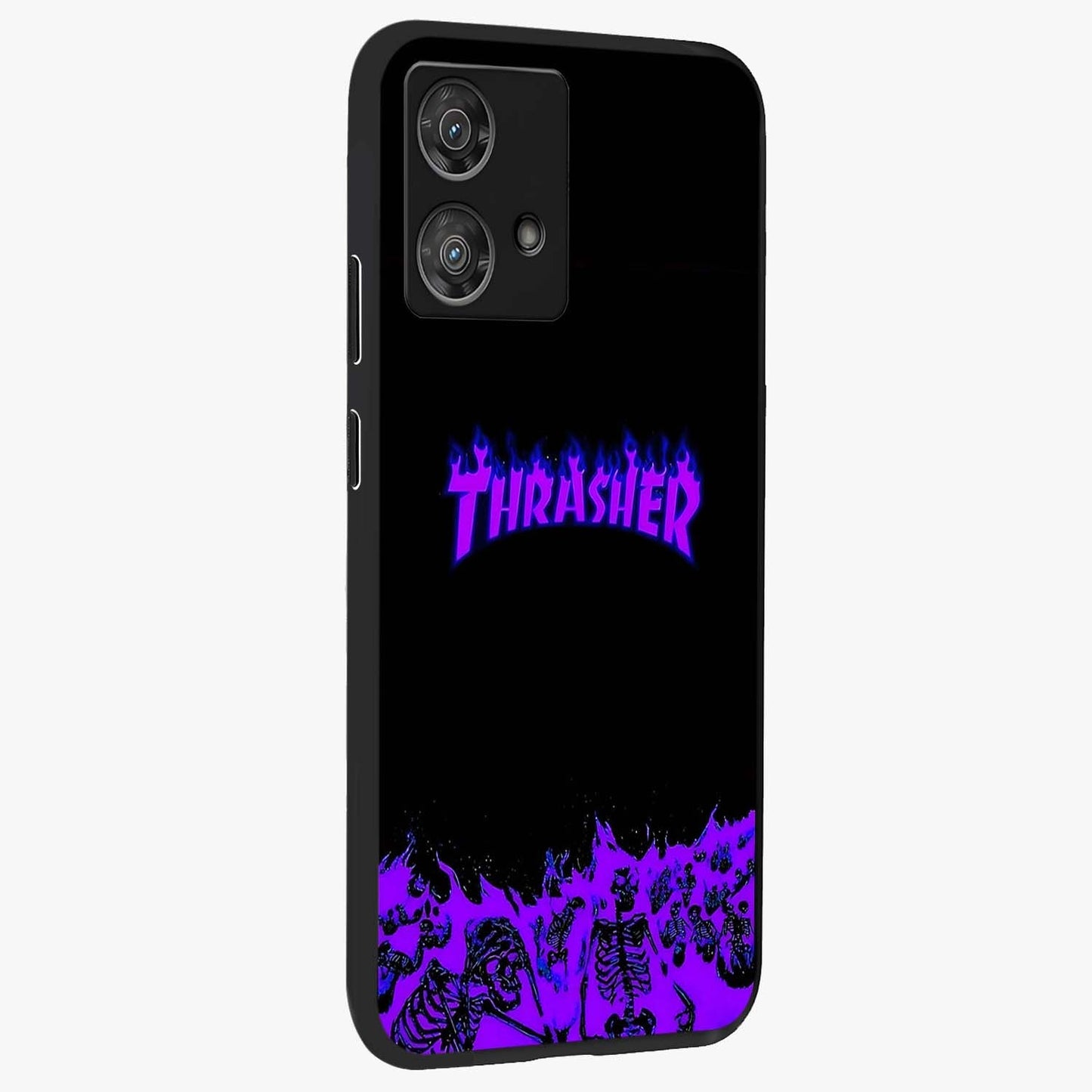 Neon Flame Riot Glass Case upright view showcasing dynamic flame artwork with energetic neon theme.