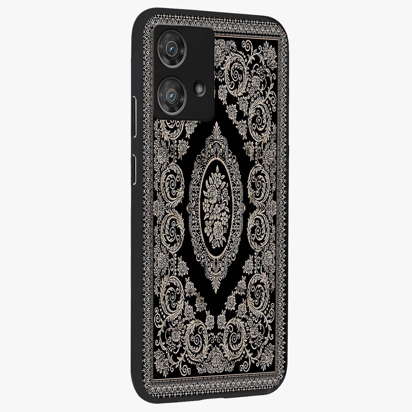 Noir Bloom Elegance Glass Case upright view showcasing graceful floral artwork with luxurious dark theme.