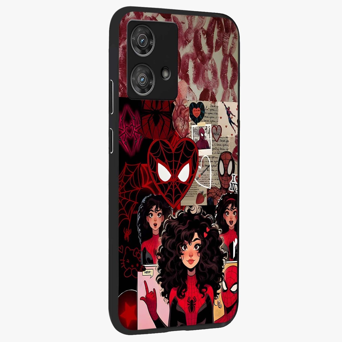 Spider Love Story Glass Case upright view showcasing charming superhero artwork with romantic comic theme.