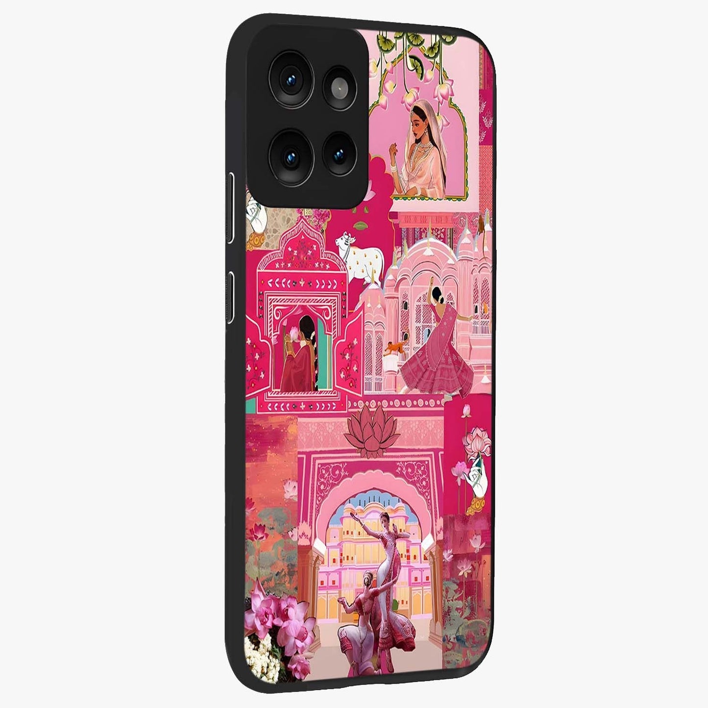 Blossoms of Rajasthan Glass Case upright view showcasing colorful floral design inspired by traditional Indian art.
