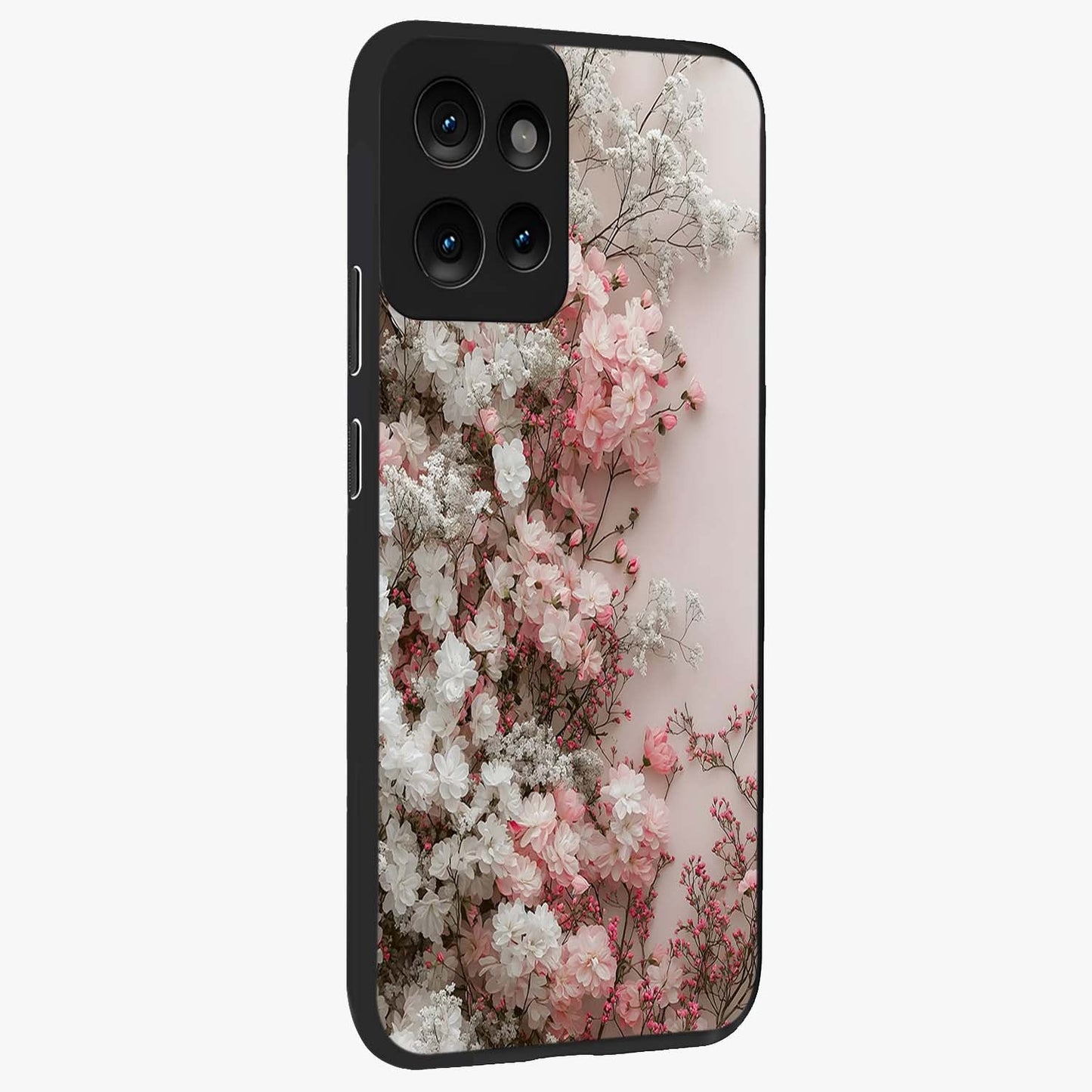 Blush Blossom Cloud Glass Case upright view showcasing calm floral cloud artwork with gentle dreamy theme.