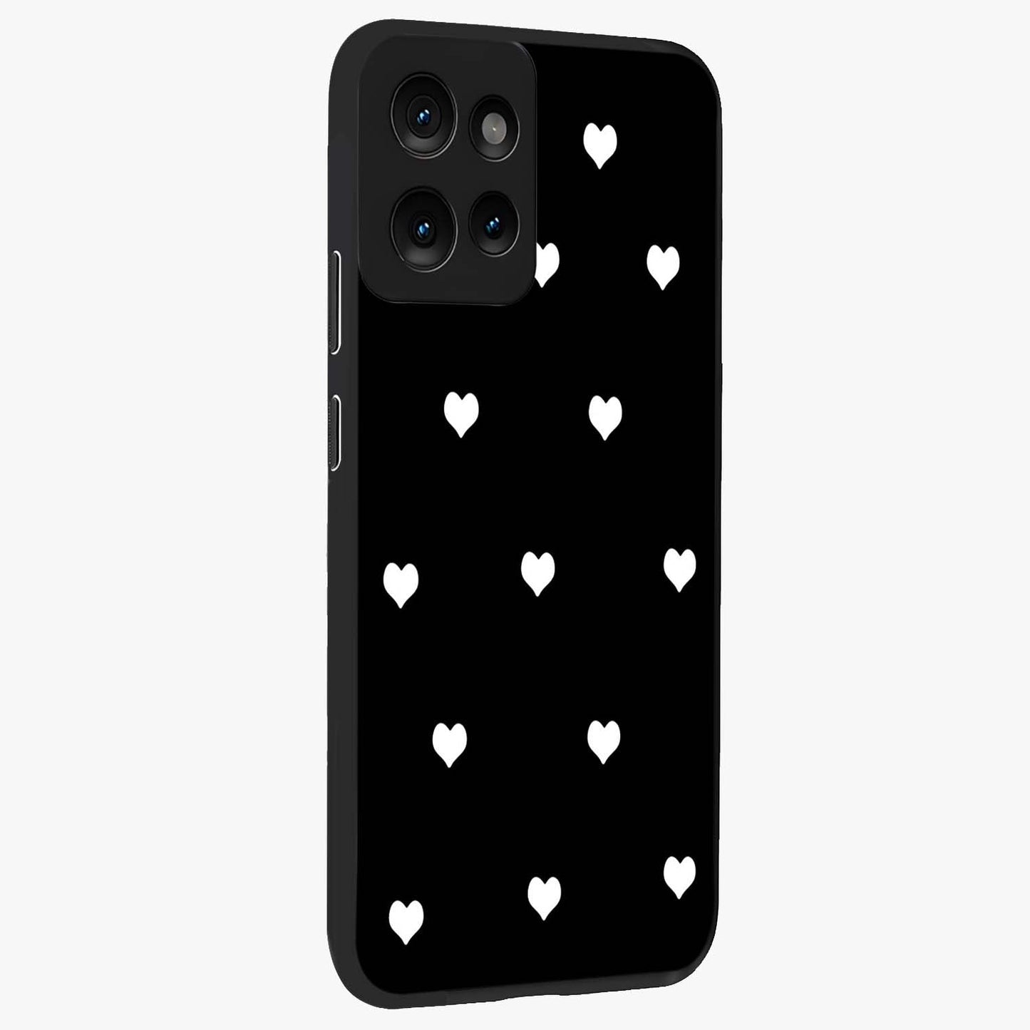Cute And Simple White Hearts Glass Case upright view showcasing simple white hearts artwork with soft minimal theme.