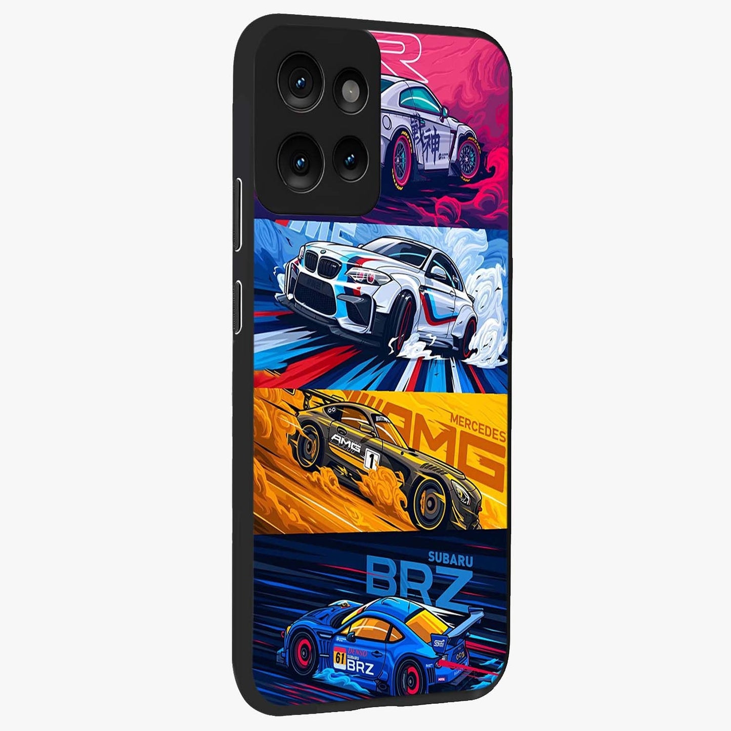JDM Sports Car Glass Case upright view showcasing dynamic sports car artwork with bold racing theme.