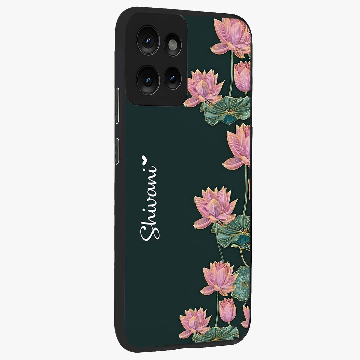 Lotus Bloom Serenity Custom Name Glass Case upright view showcasing serene lotus bloom artwork with personalized floral aesthetic.
