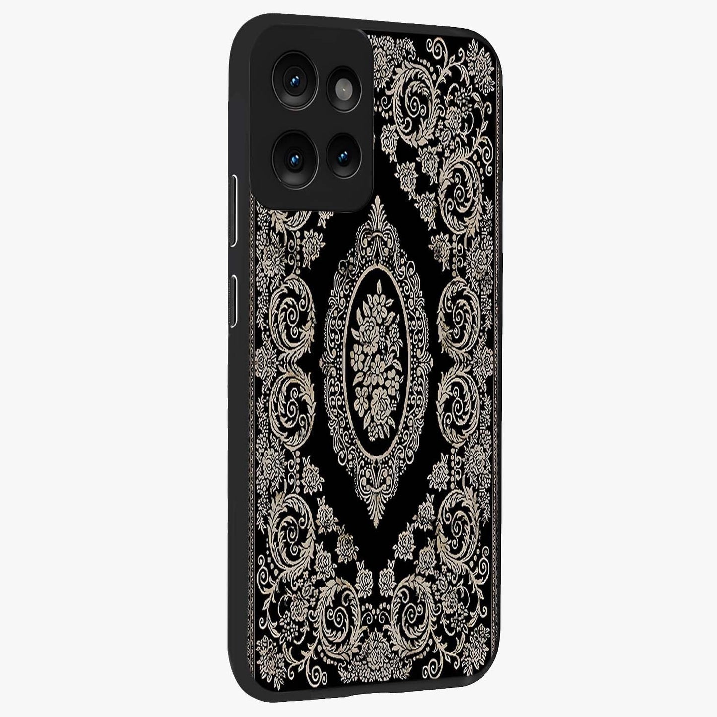 Noir Bloom Elegance Glass Case upright view showcasing graceful floral artwork with luxurious dark theme.
