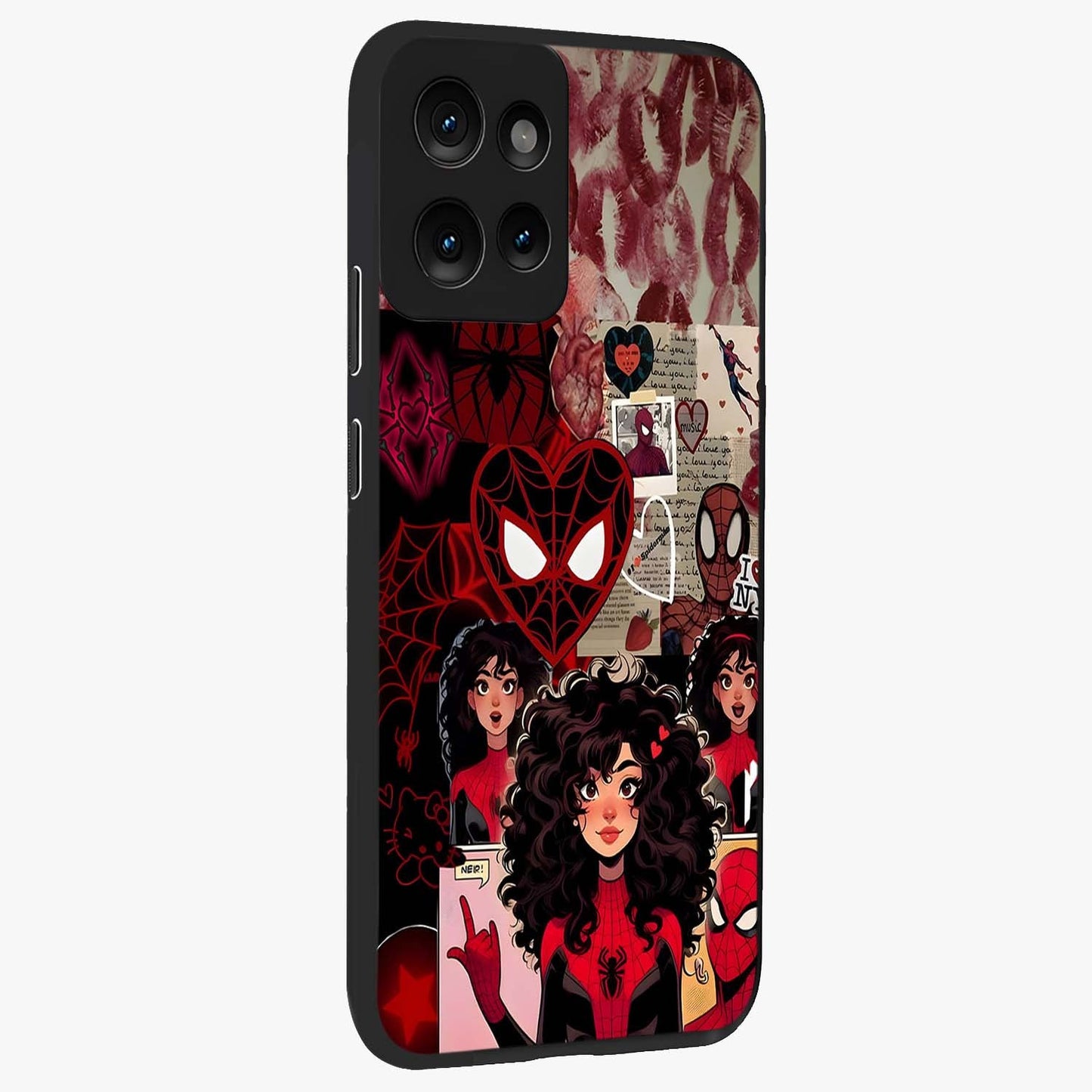 Spider Love Story Glass Case upright view showcasing charming superhero artwork with romantic comic theme.