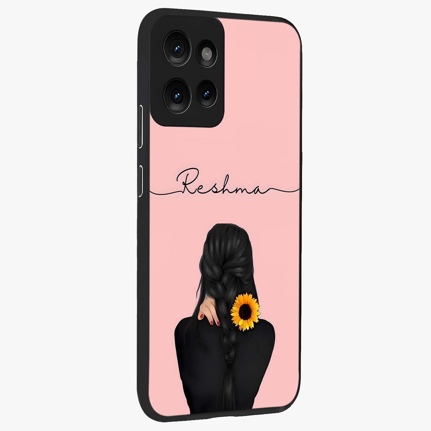 Sunflower Braid Beauty With Custom Name Glass Case upright view showcasing bright sunflower artwork with personalized floral aesthetic.