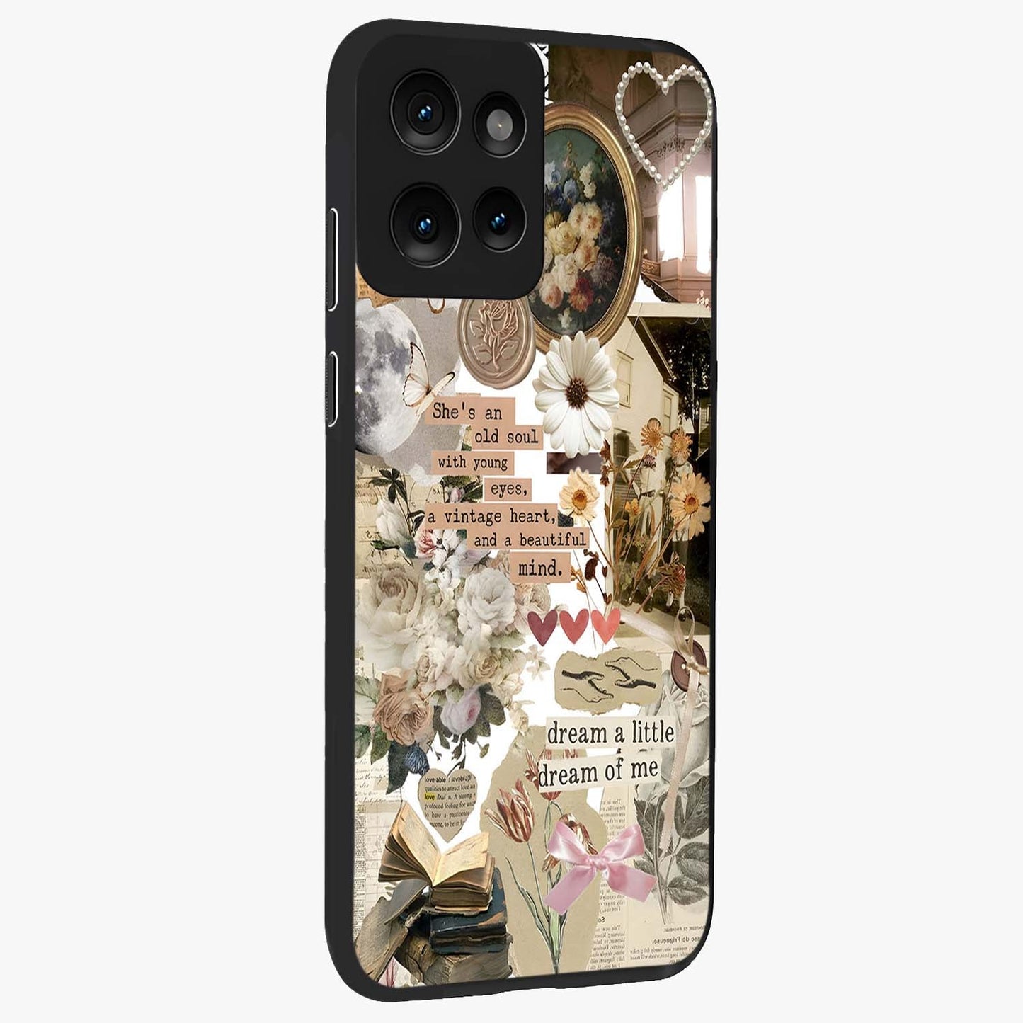 Aesthetic Brown Vintage Collage Glass Case upright view showcasing nostalgic retro artwork with stylish vintage theme.