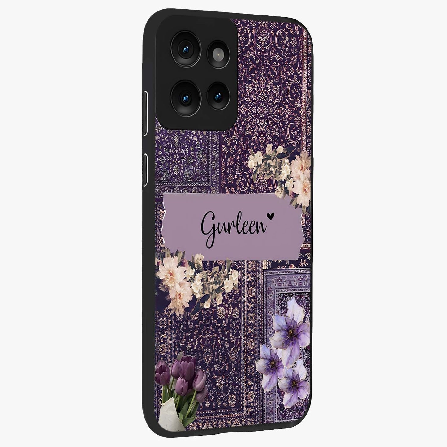 Antique Floral Whisper Custom Name Glass Case upright view showcasing delicate floral artwork with custom name feature.