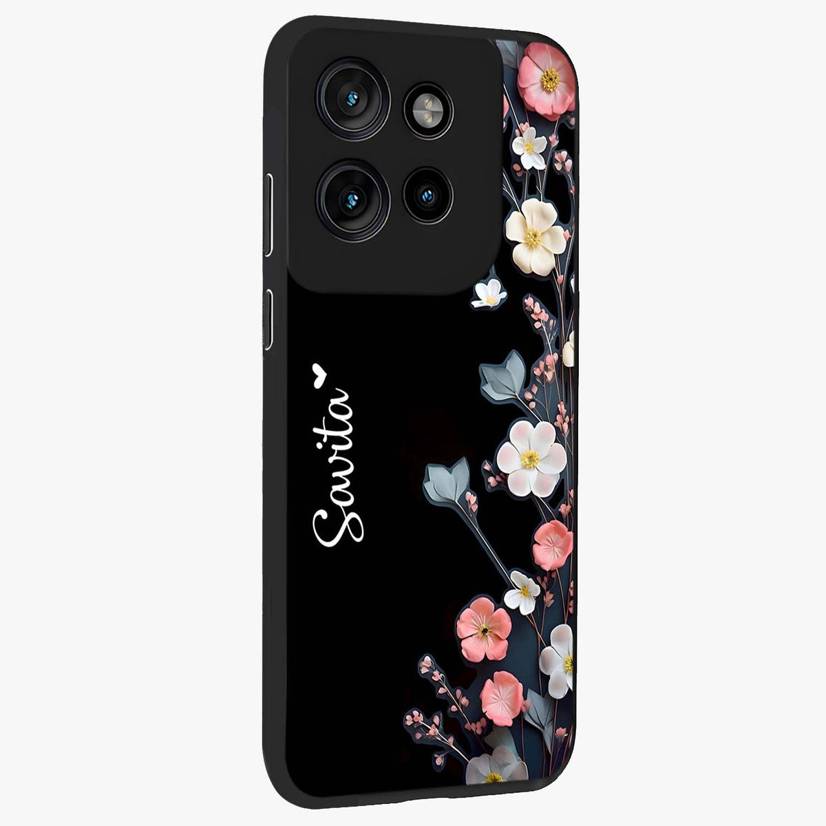 Black Elegance Floral Custom Name Glass Case upright view showcasing luxurious black floral design with personalized name detail.