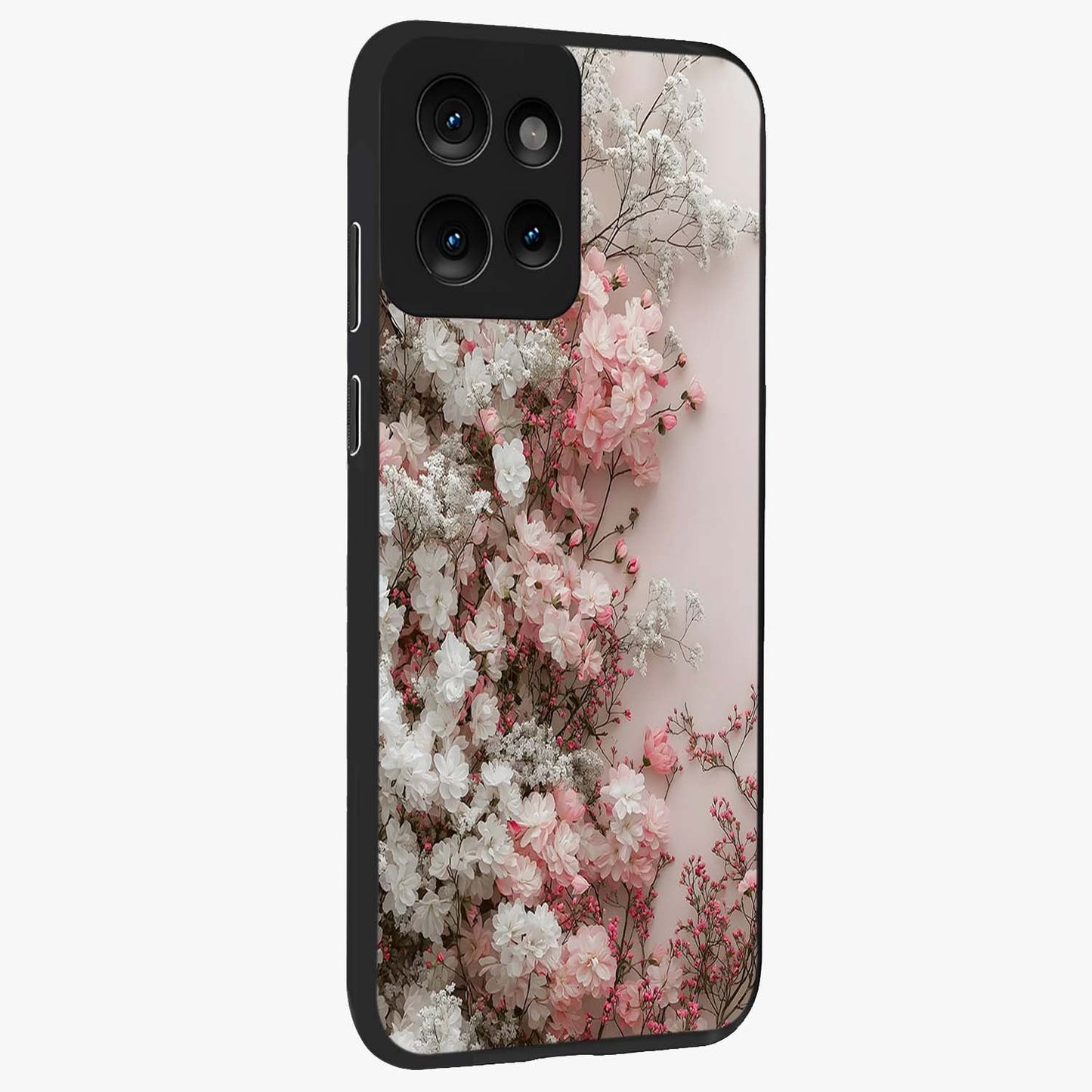 Blush Blossom Cloud Glass Case upright view showcasing calm floral cloud artwork with gentle dreamy theme.