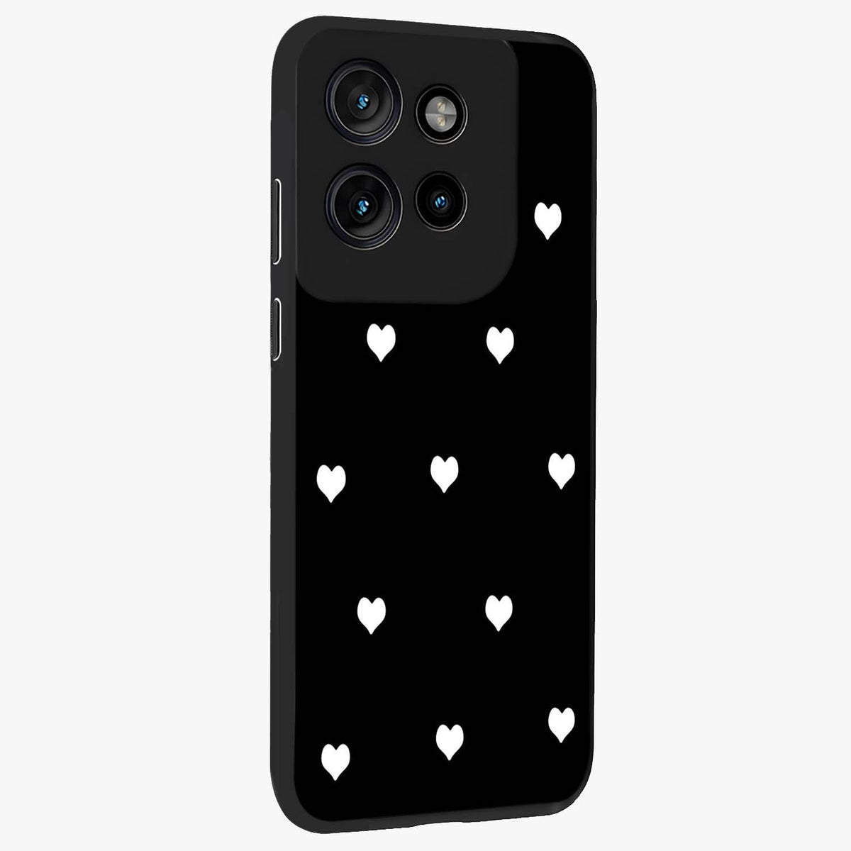 Cute And Simple White Hearts Glass Case upright view showcasing simple white hearts artwork with soft minimal theme.