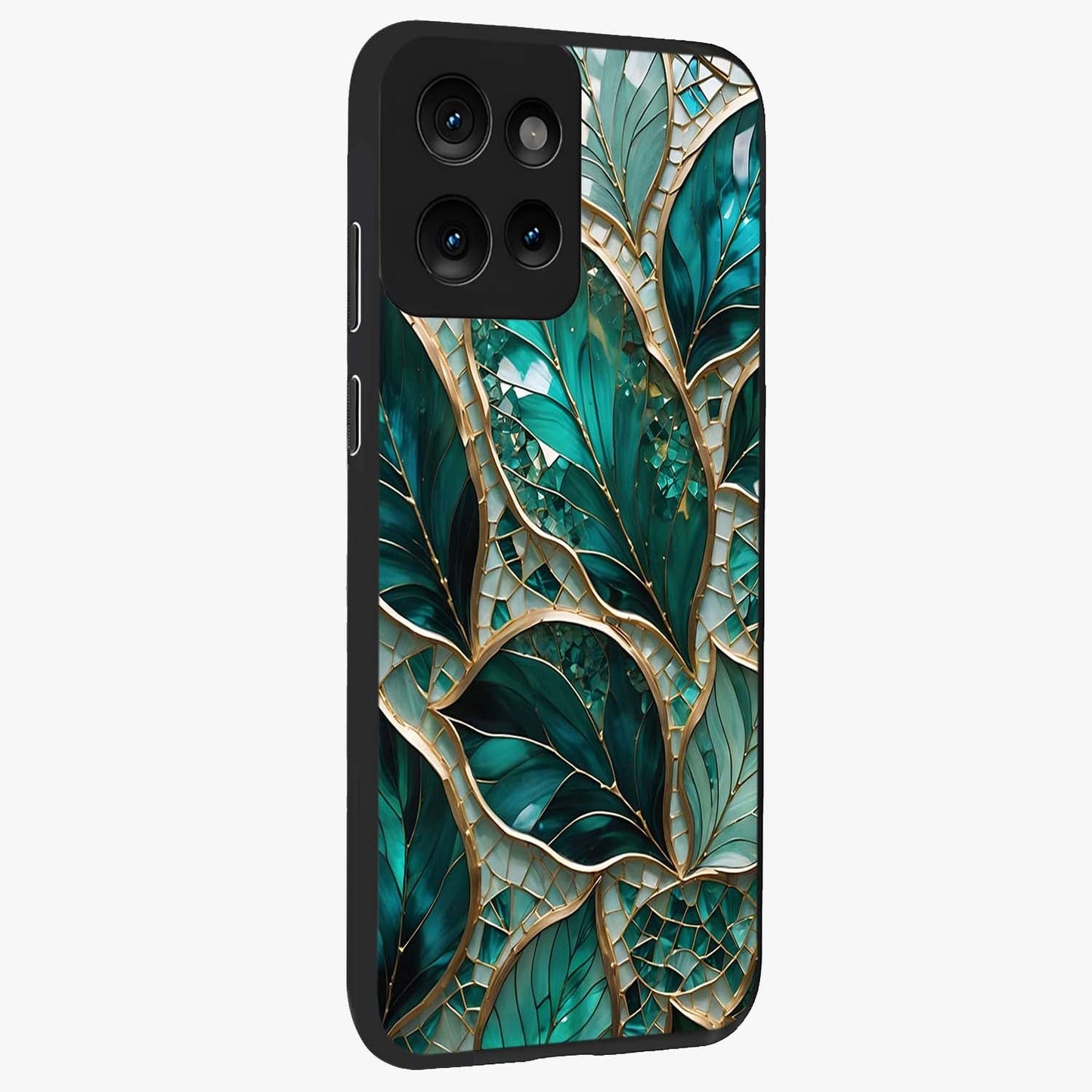 Emerald Leaf Glass Glass Case upright view showcasing fresh green leaf artwork with calming nature inspired style.