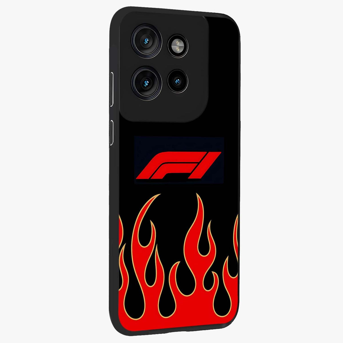 Fire F11 Glass Case upright view showcasing dynamic flame artwork with intense visual theme.