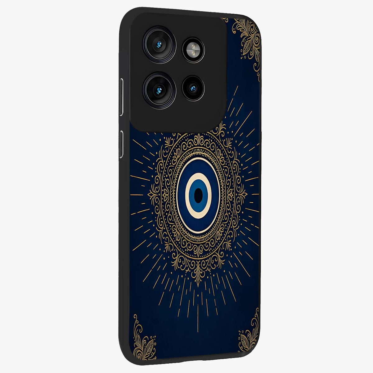 Golden Celestial Charm Glass Case upright view showcasing radiant celestial artwork with elegant golden theme.
