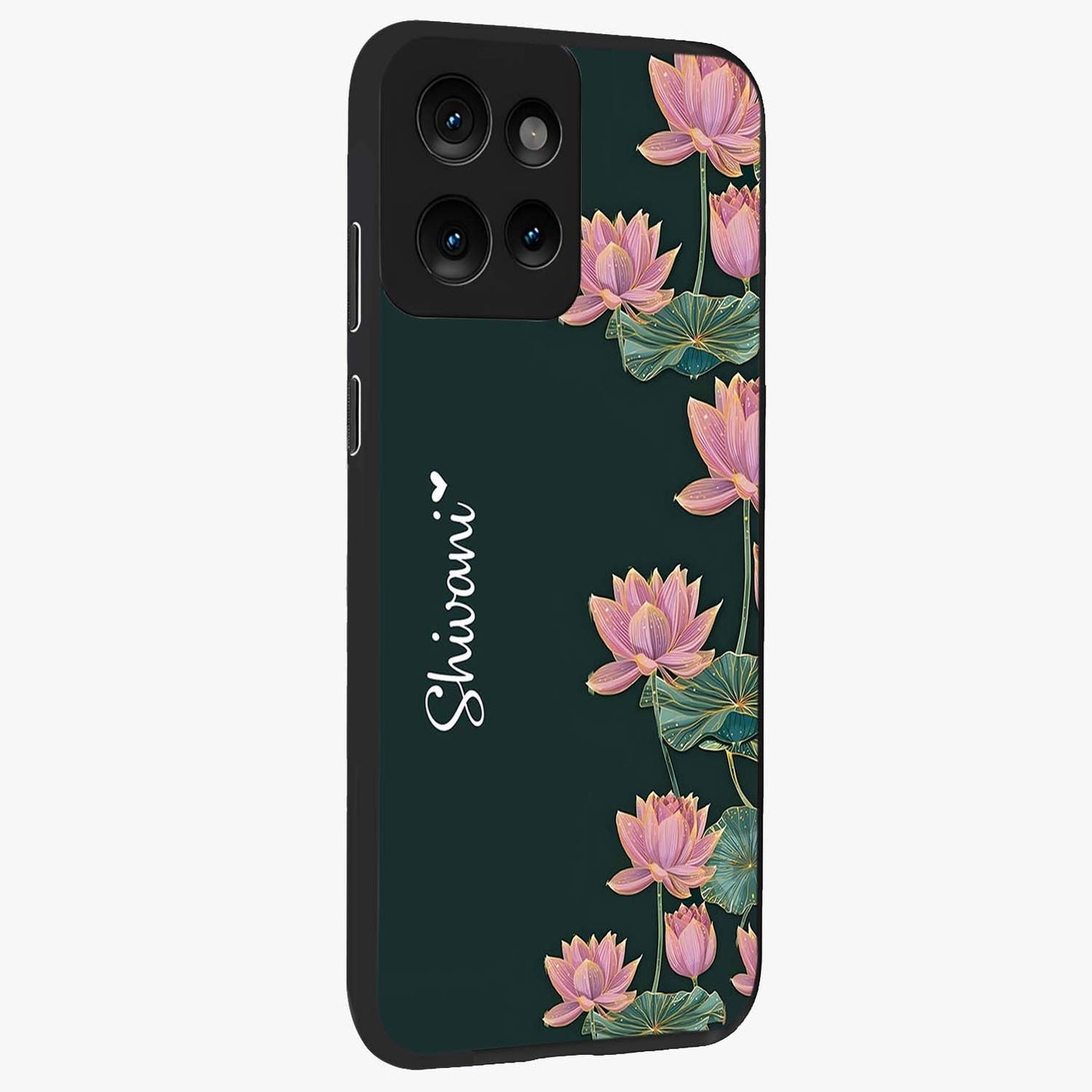 Lotus Bloom Serenity Custom Name Glass Case upright view showcasing serene lotus bloom artwork with personalized floral aesthetic.