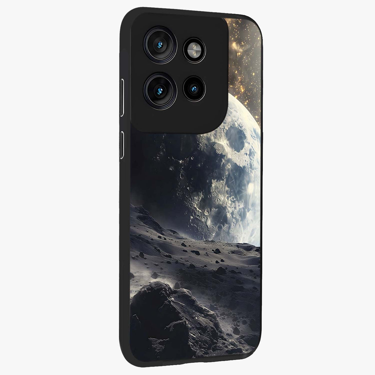 Lunar Horizon Glow Glass Case upright view showcasing radiant lunar artwork with calm cosmic theme.