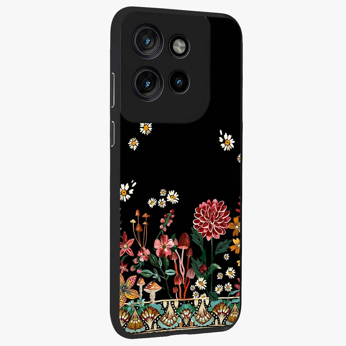 Midnight Bloom Pattern Glass Case upright view showcasing decorative floral artwork with deep night themed palette.