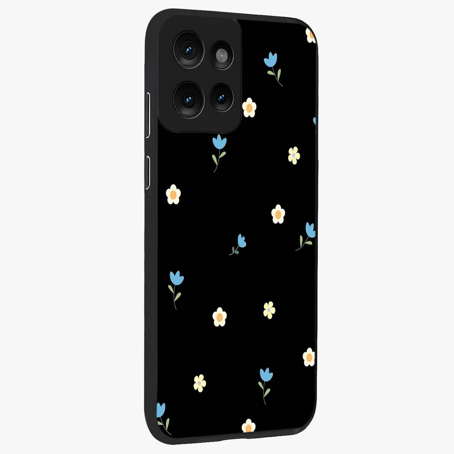 Minimal Petal Whispers Glass Case upright view showcasing elegant floral artwork with modern minimalist style.