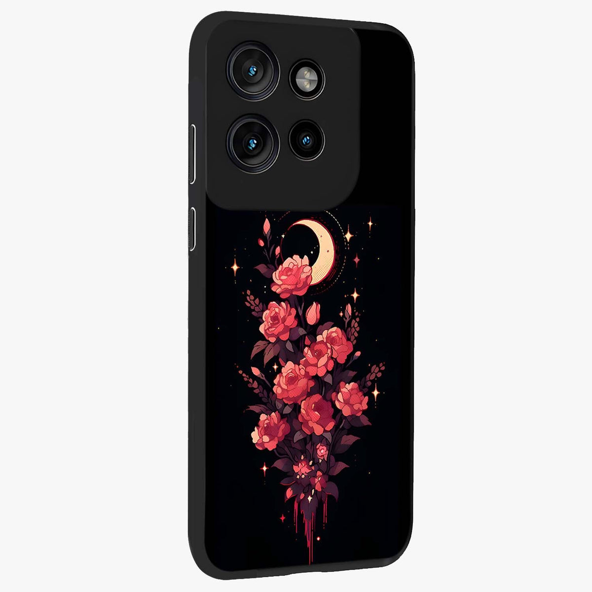 Moonlit Floral Elegance Glass Case upright view showcasing delicate floral artwork with refined night inspired theme.