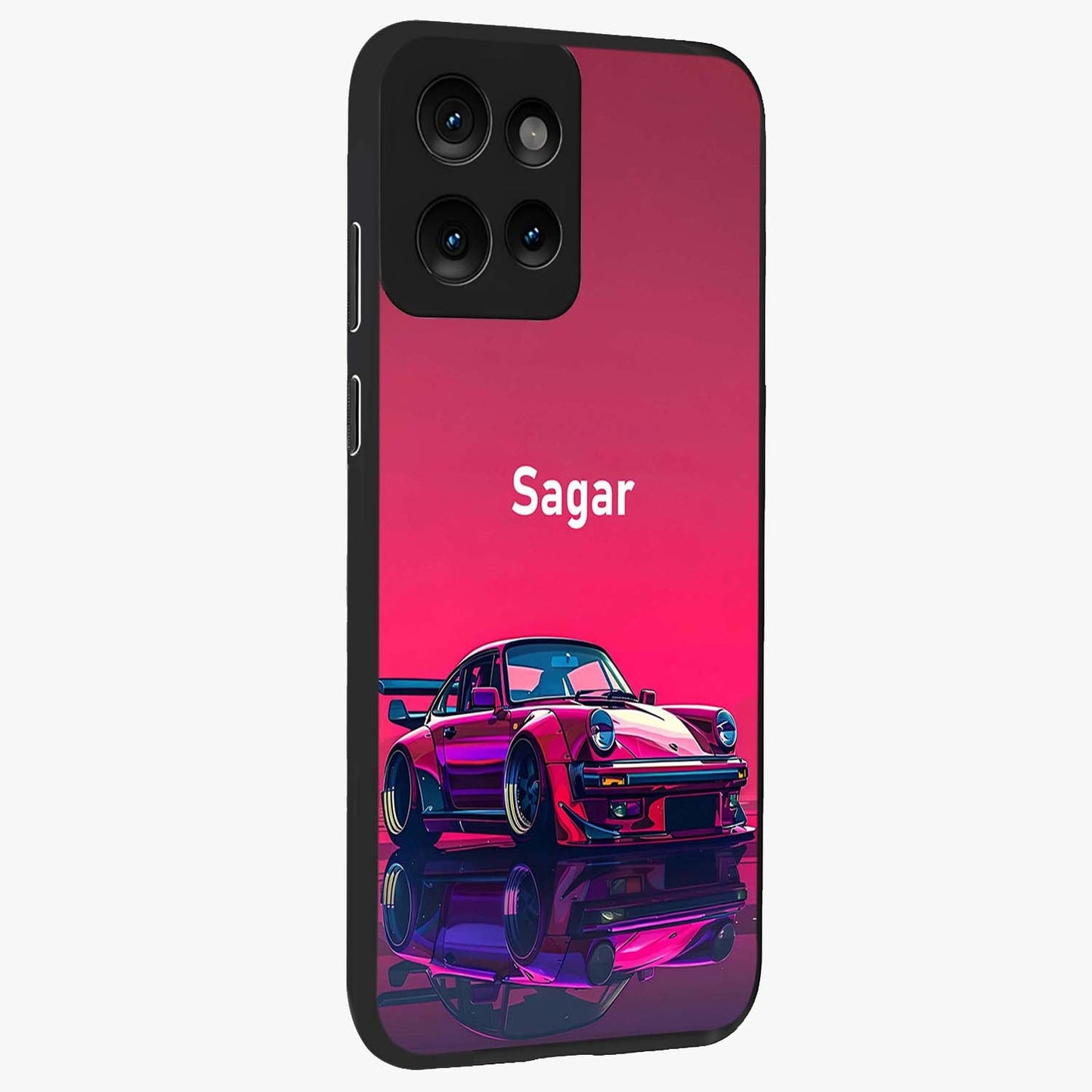 Neon Pink Porsche Glass Case upright view showcasing vibrant sports car artwork with bold automotive theme.