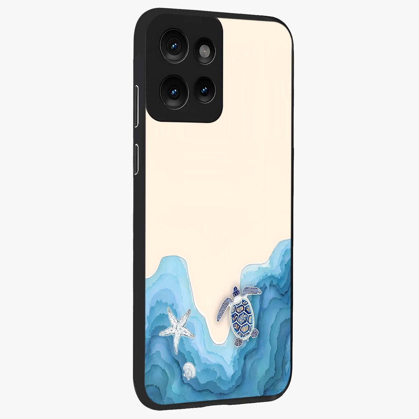 Ocean Drift Turtle Glass Case upright view showcasing calm underwater turtle artwork with nature inspired theme.