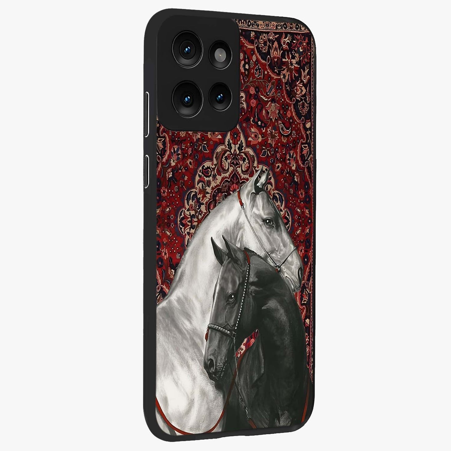 Regal Stallion Tapestry Glass Case upright view showcasing powerful horse artwork with elegant tapestry theme.