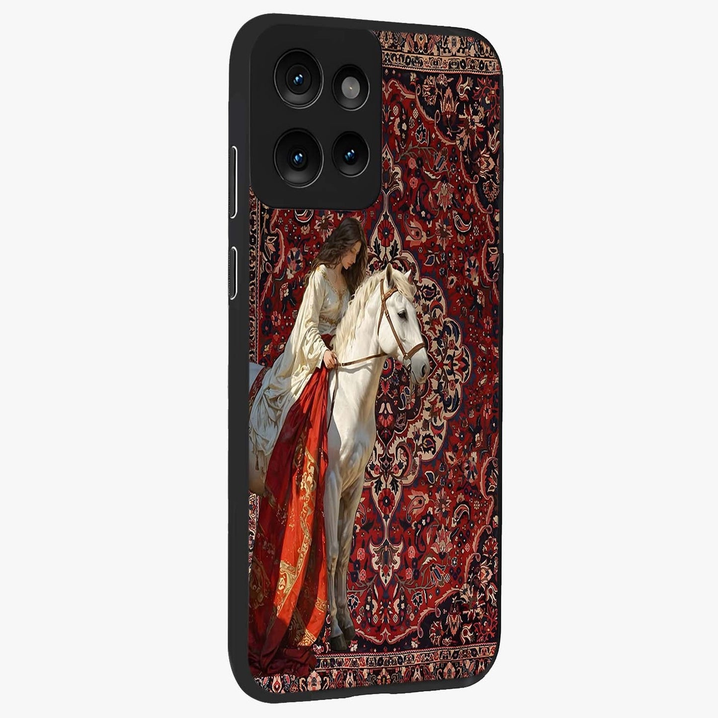 Royal Rider Tapestry Glass Case upright view showcasing detailed rider artwork with classic tapestry theme.