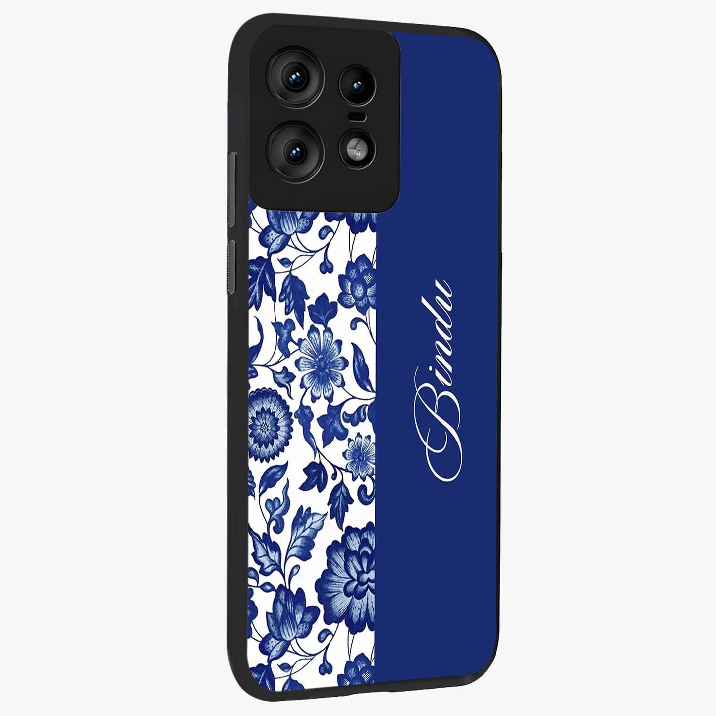 Blue Vintage Floral Pattern Glass Case upright view showcasing delicate blush floral texture with modern minimal style.