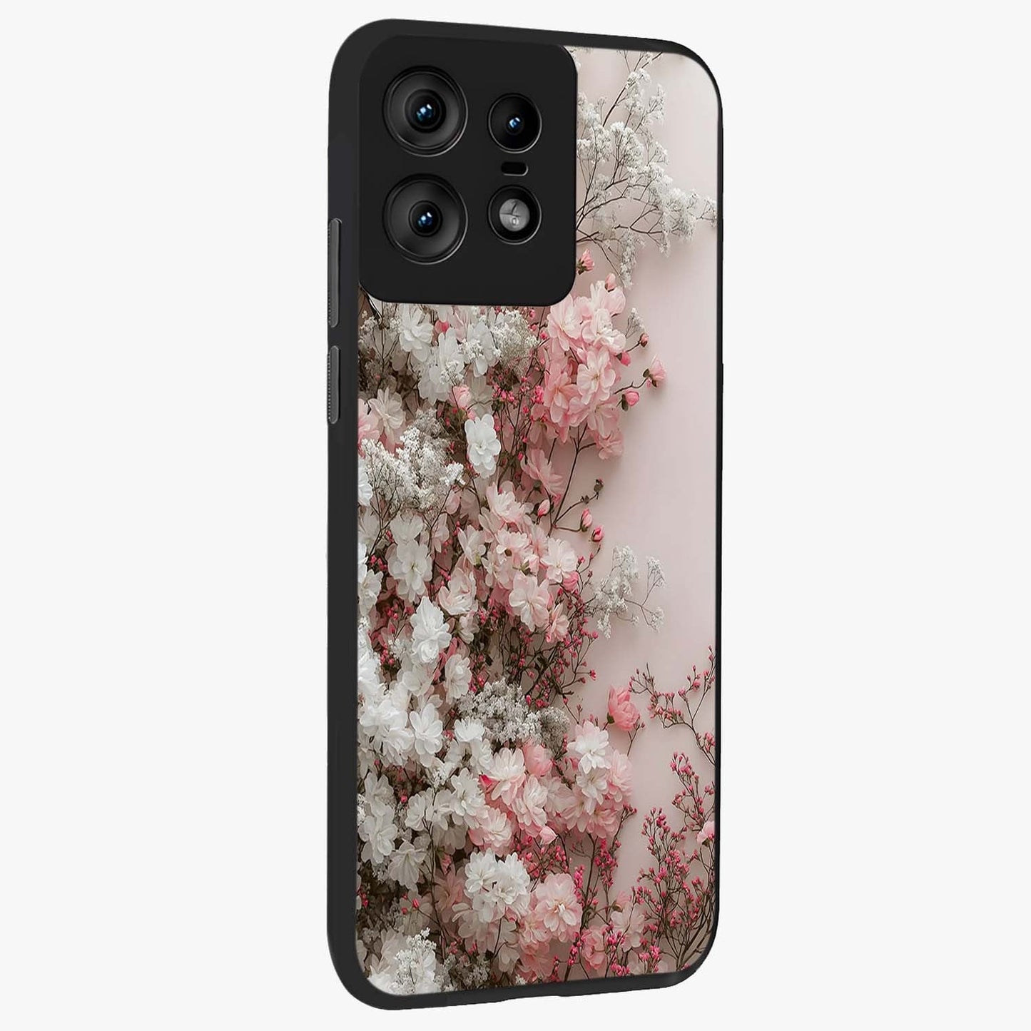 Blush Blossom Cloud Glass Case upright view showcasing calm floral cloud artwork with gentle dreamy theme.