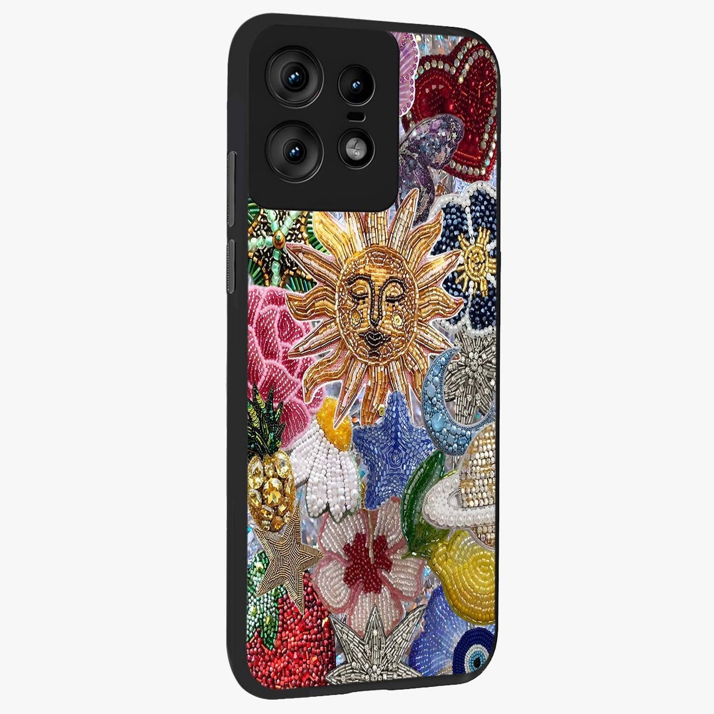 Celestial Floral and Playful Glass Case upright view showcasing whimsical floral artwork with cosmic aesthetic theme.