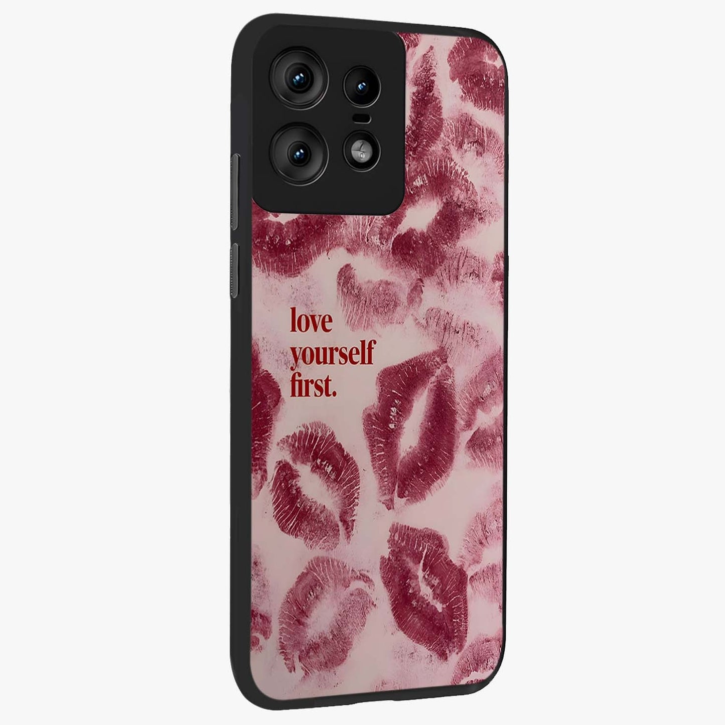 Crimson Kiss Love Glass Case upright view showcasing expressive romantic artwork with deep crimson theme.
